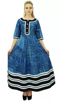Phagun Women Blue Anarkali Printed Kurti Ladies Cotton Indian Casual 10 синий