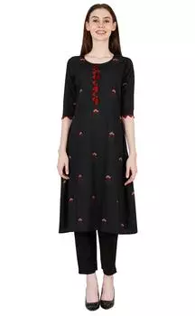Phagun Women Printed 3 4th Sleeve Kurti Casual Summer A-line Round Neck 2XL чёрный