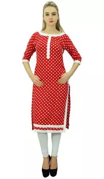 Phagun Womens Straight Rayon Kurti Красная туника с принтом Повседневная индийская 10