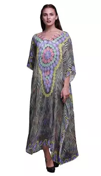 Phagun Zebra Animal Skin Long Caftan Maxi Dress Beach Swimwear Cover up Womens 4X-5X аметист