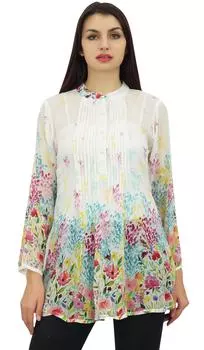 Phagun Женская белая рубашка-рубашка с цифровым принтом и защипами на шее Туника Топ 10 белый