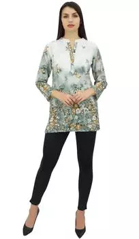 Phagun Женская белая туника с длинным рукавом с цветочным принтом и цифровым принтом Повседневный топ - 14 белый