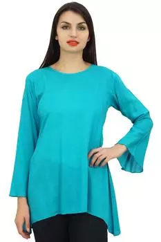Phagun Женская бирюзовая хлопковая модальная повседневная блузка с оборками на рукавах-туника- 10 бирюзовый