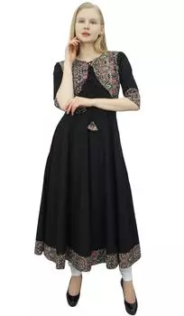 Phagun Женская черная хлопковая куртка Anarkali в стиле Kurti Designer Dress-10 10 чёрный