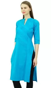 Phagun Женская хлопковая прямая Pintex Kurti Повседневная летняя индийская этническая туника 10 синий