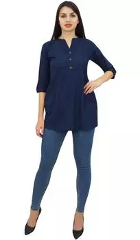 Phagun Женская хлопковая розовая темно-синяя блузка с рукавами 3 4 Повседневная рубашка Top- 10 темно-синий