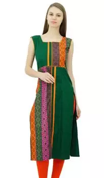 Phagun Женская хлопковая туника Kurta Kurti Летний индийский повседневный топ 10 зелёный