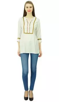 Phagun Женская кружевная короткая туника Элегантная повседневная блузка из вискозы с рукавами 3-4 10 белый