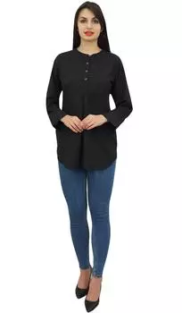 Phagun Женская летняя туника со складками и длинными рукавами, черный топ, повседневная блузка- 10 чёрный