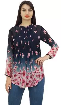 Phagun Женская повседневная синяя туника с цветочным принтом и цифровым принтом с длинным рукавом 10 темно-синий