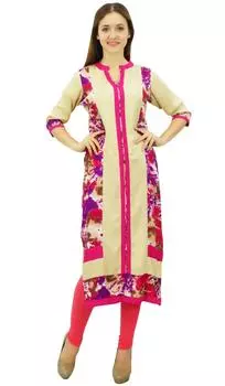 Phagun Женская прямая вискозная индийская Курта Бежевая Повседневная Этническая Туника Курти - 14 бежевый