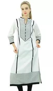 Phagun Женские хлопчатобумажные куртки до середины икры с принтом, прямые, индийские, повседневные 10 белый