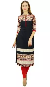 Phagun Женское Дизайнерское Черное Прямое Платье Курти Этнический Воротник Курта - 10 чёрный