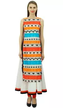 Phagun Женское Хлопковое Двухслойное Курти Печатное Дизайнерское Длинное Платье Индийское 10 разноцветный
