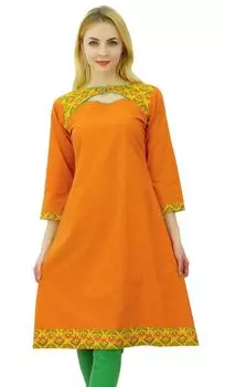 Phagun Женское Хлопковое Курти Этническое Твердое Платье с Принтом Дизайнер Курта Повседневное Платье 10 оранжевый