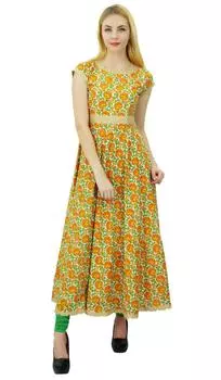 Phagun Женское Этническое Верхнее Платье Дизайнер Курта Хлопок Цветочный Анаркали Курти 10 жёлтый