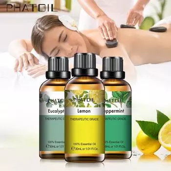 PHATOIL 30/60/90 мл Чистое эфирное масло лимона, эвкалипта, мяты, терапевтического класса, эфирное масло для ароматерапии, диффузор свежести воздуха 1 pc