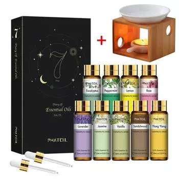 PHATOIL 9 шт. Подарочный набор ароматических эфирных масел с деревянной горелкой для эфирного масла Набор ароматических масел с ароматом жасмина и розы Диффузор свежести воздуха для ухода за кожей Essential Oil 9pcs/set with Burner