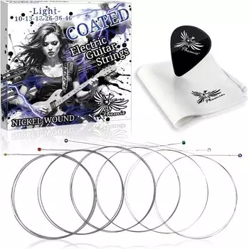 Phoenix Coated Strings Струны для электрогитары Никель Сбалансированное качество звука Натяжение Устойчивость к разрывам Цвет наконечника струны Медиатор в комплекте Срок гарантии