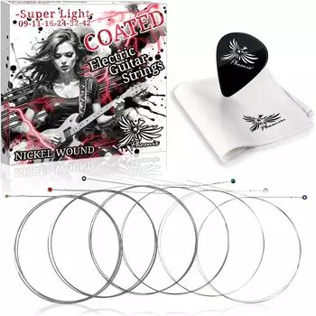 Phoenix Coated Strings Струны для электрогитары Никель Сбалансированное качество звука Натяжение Устойчивость к порезам Цвет наконечника шеста Ткань Медиатор включен Термин