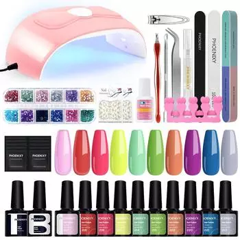 PHOENIXY 10 цветов 8 мл гель-лак для ногтей Верхнее базовое покрытие 54 Вт УФ-светодиодная лампа для ногтей Сушилка для ногтей Лак для ногтей Стартовый набор Замачиваемый набор инструментов для дизайна ногтей Маникюрный набор Set 08