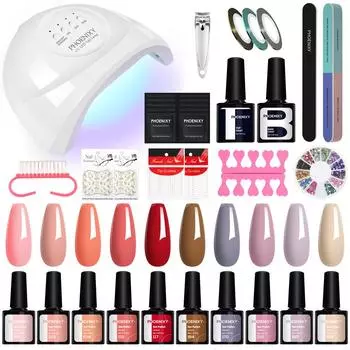PHOENIXY, 10 цветов, гель-лак для ногтей, сушилка для ногтей, 48 Вт, УФ-светодиодная лампа, замачиваемый гель-лак, маникюрный набор и инструменты для украшения дизайна ногтей своими руками Set 07