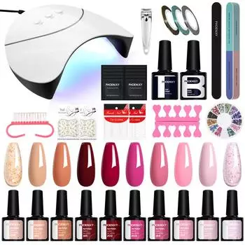 PHOENIXY 10 цветов гель-лака для сушки ногтей УФ-светодиодная лампа 36 Вт набор для маникюра с замачиванием гель-лака и инструменты для самостоятельного украшения ногтей