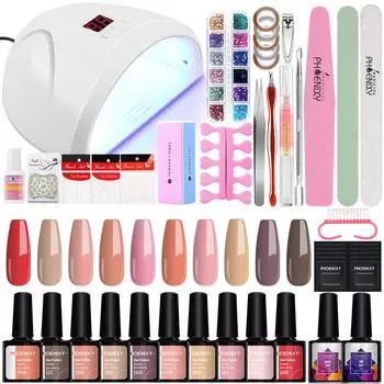 PHOENIXY 10 цветов гель-лака для сушки ногтей УФ-светодиодная лампа 36 Вт набор для маникюра с замачиванием гель-лака и инструменты для самостоятельного украшения ногтей SET 06