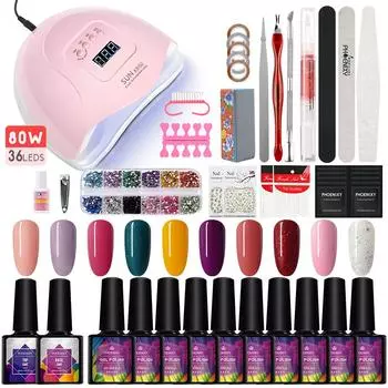 PHOENIXY, 10 цветов, набор гель-лаков для ногтей, гель-лак, 80 Вт, лампа для сушки ногтей с лаком, гель-лак для отверждения ногтей, набор инструментов для маникюра set 01