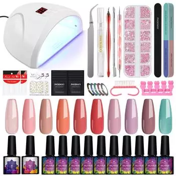 PHOENIXY, 10 цветов, набор гелей для ногтей с УФ-светодиодной лампой для ногтей, набор лаков для ногтей, долговечный цвет, полупостоянный замачиваемый УФ-гель для дизайна ногтей, набор «сделай сам»