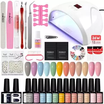 PHOENIXY 12 цветов гель-лака для сушки ногтей УФ-светодиодная лампа 36 Вт, набор для маникюра с замачиванием гель-лака и инструменты для самостоятельного украшения ногтей SET 06