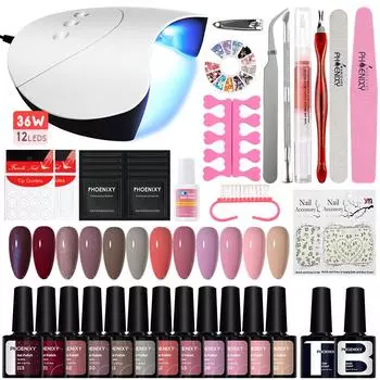 PHOENIXY 12 цветов гель-лака для сушки ногтей УФ-светодиодная лампа 36 Вт, набор для маникюра с замачиванием гель-лака и инструменты для самостоятельного украшения ногтей SET 03