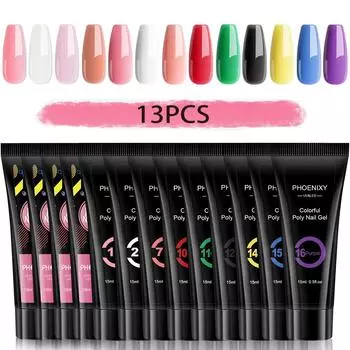 PHOENIXY 13 цветов Поли УФ-гель для наращивания ногтей Набор для маникюра Аксессуары и инструменты для ногтей Оборудование для ногтей и дизайн ногтей своими руками в домашних условиях