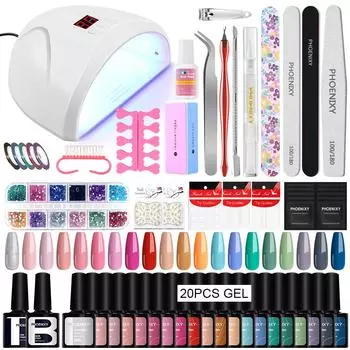 PHOENIXY 20 цветов и базовое верхнее покрытие Набор гель-лака для ногтей со светодиодной подсветкой 36 Вт Гель-лак УФ-светодиодная лампа для ногтей Маникюрные инструменты Популярные дизайны дизайна ногтей SET 6