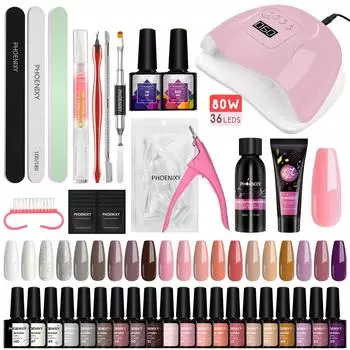 PHOENIXY, 20 цветов, набор гель-лаков для ногтей с УФ-светодиодной лампой 80 Вт, замачиваемый лак для ногтей, верхнее базовое покрытие, 8 мл, УФ-гель для ногтей, стартовый набор для ногтей