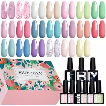 PHOENIXY 20 шт. 8 мл гель-лака для ногтей 3 флакона базы и глянцевого матового верхнего покрытия Набор для замачивания гелевых ногтей Подходит для всех сезонов Подарки с гель-лаком 103