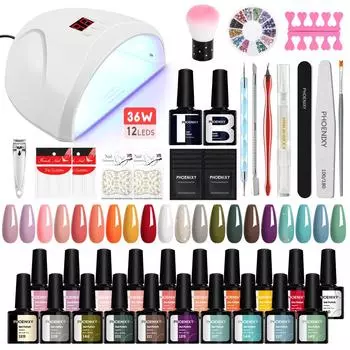 PHOENIXY Набор из 20 гель-лаков для ногтей с УФ-лампой, верхним базовым покрытием, полуперманентным лаком, маникюрный набор 36W