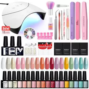 PHOENIXY 36 Вт УФ-лампа для ногтей Набор для гелевого наращивания ногтей Инструменты для украшения ногтей Цветной лак Гель-лак Базовое покрытие Маникюрный набор в подарок SET 01