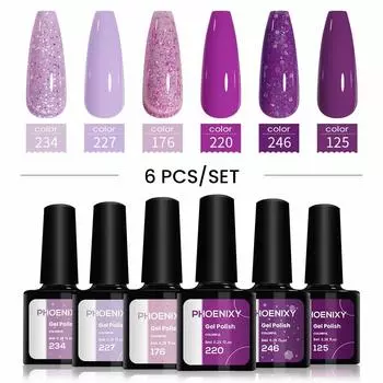 PHOENIXY 6 шт./набор многоцветных гель-лаков, набор блестящих полуперманентных УФ-гелей для ногтей, гибридный лак для ногтей, гель для маникюра, дизайн ногтей set 8