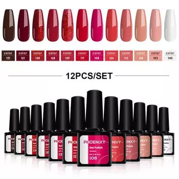 PHOENIXY 8 мл 12 шт. маникюрный полуперманентный блестящий гель-лак для ногтей долговечный верхний базовый гель для замачивания гель УФ-светодиодный лак модный блестящий дизайн ногтей set 01