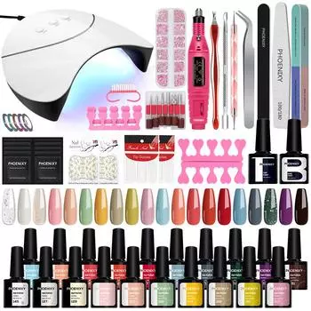 PHOENIXY 8 мл гель-лак для ногтей, набор гель-лаков с лампой для ногтей 36 Вт, фреза для ногтей, маникюрный набор, основа для замачивания, верхнее покрытие, стартовый набор для гель-лаков SET5