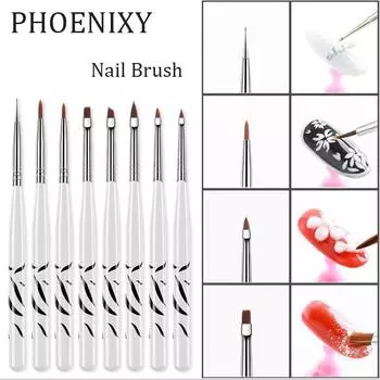 PHOENIXY 8 стилей кистей для ногтей Подводка для дизайна ногтей Цветы Ручка для рисования Французская кисть Инструменты для очистки УФ-гель Картина Прозрачная коричневая ручка Кисть для дизайна ногтей A01-004
