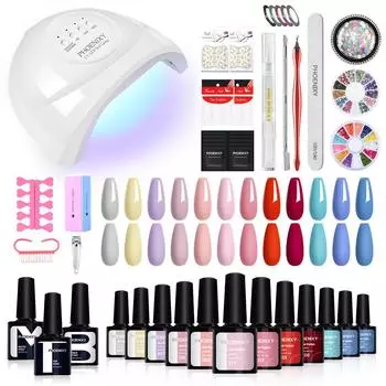 Набор гель-лаков PHOENIXY с подсветкой 48 Вт, 12 цветов, набор гель-лаков, 3 флакона, база, верхнее покрытие, украшения для ногтей, маникюрные инструменты для салона красоты «сделай сам» 36W