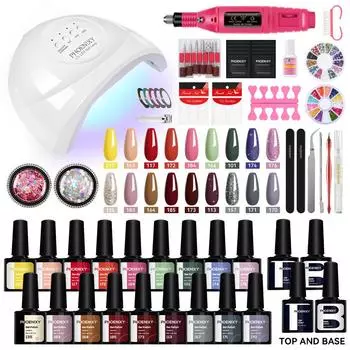 PHOENIXY Набор для гель-лака с лампой для ногтей 48 Вт, USB-машинкой для маникюра, 2 верхних и нижних слоя, маникюрные инструменты со стразами SET 01