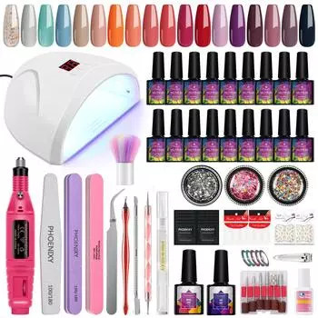 PHOENIXY Набор гель-лаков для ногтей из 18 предметов с УФ-светодиодной лампой мощностью 36 Вт, базовым и верхним слоем лака для ногтей объемом 8 мл, наклейками со стразами и декоративными инструментами для маникюра