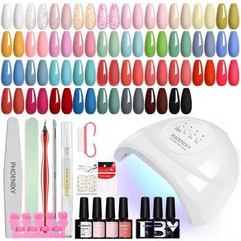 PHOENIXY Набор гелевых лаков для ногтей с УФ-лампой, 38 шт., розовый, белый, фиолетовый, синий, зеленый, желтый, серый, набор лаков для ногтей, 48 Вт, лампа для ногтей, подарки для женщин
