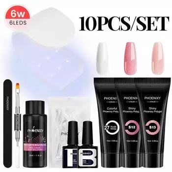 PHOENIXY Набор полигелей для ногтей 6 Вт Светодиодная лампа Полный маникюрный набор Набор для быстрого наращивания ногтей Набор гелей для наращивания полигелей для ногтей Набор инструментов для ногтей