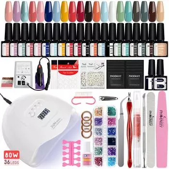 PHOENIXY Nail Gel Starter Kit с УФ-светодиодной лампой для ногтей 80 Вт для чистого гель-лака для ногтей Маникюрная дрель-машина Инструменты для дизайна ногтей
