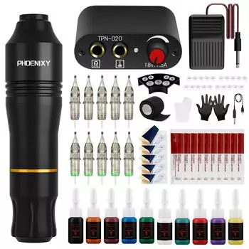 PHOENIXY Профессиональный комплект ручек для татуировки, роторная тату-машинка, блок питания, картриджи для татуировщика set 01