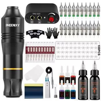 PHOENIXY профессиональный комплект ручек для татуировки, набор роторных тату-машинок, источники питания, перманентные чернила, пигмент, боди-арт, макияж, набор для татуировок в комплекте